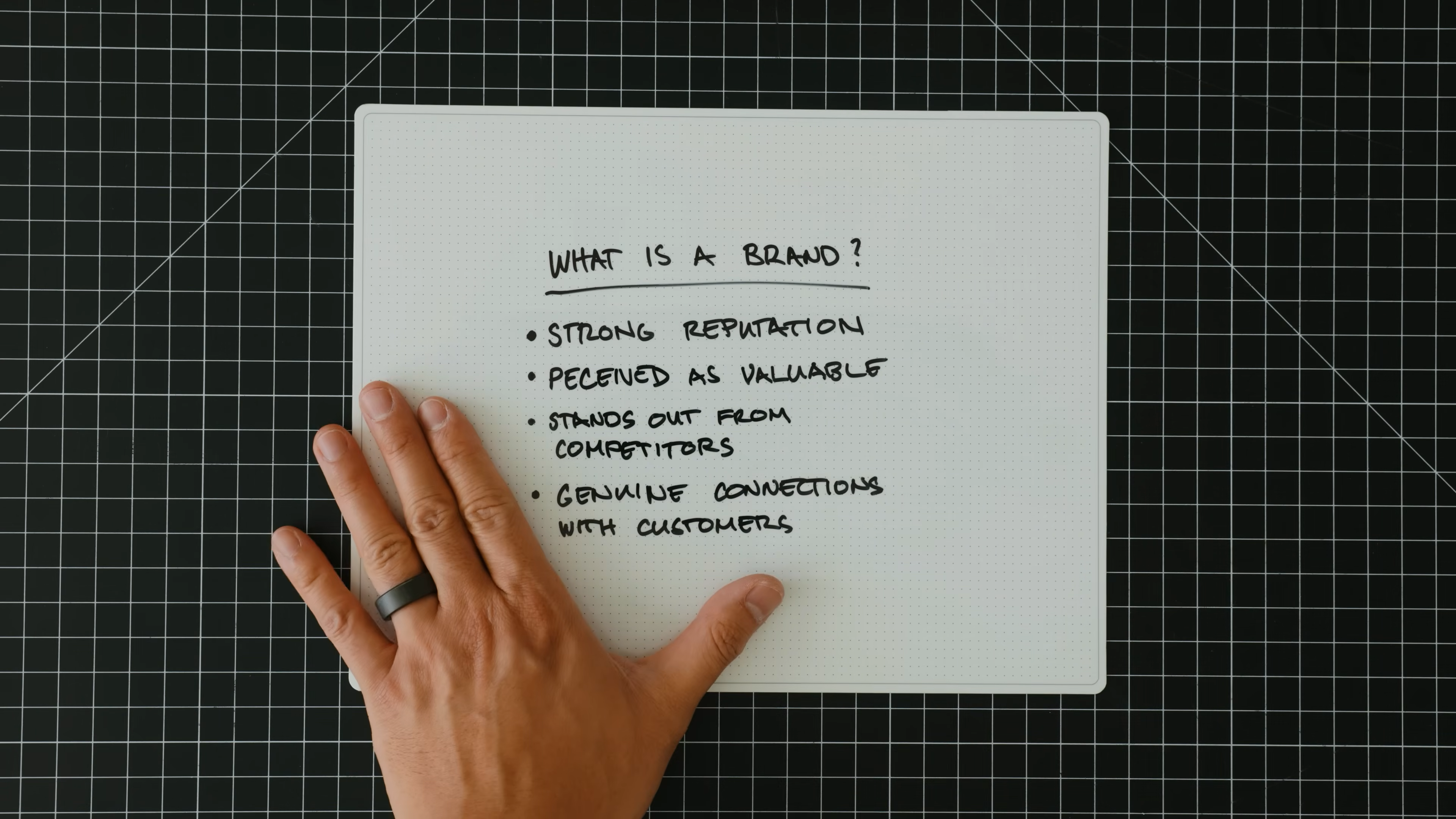 Handwritten notes on “What is a Brand?” with key points about reputation, value, and customer connection, from Matthew Encina’s Mode rebrand video.