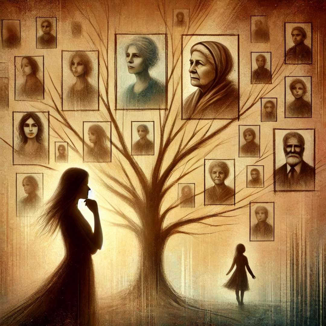 Femme en quête de sens devant son arbre généalogique, avec des visages d’ancêtres partiellement effacés, symbolisant les traumas et secrets non digérés de la lignée