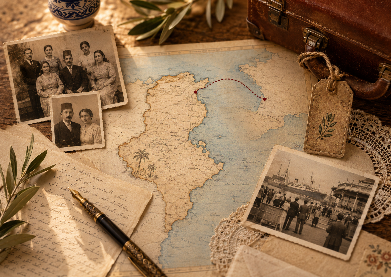 Photos de famille, carte de la Tunisie et lien vers la France illustrant une lignée tunisienne en recherche transgénérationnelle