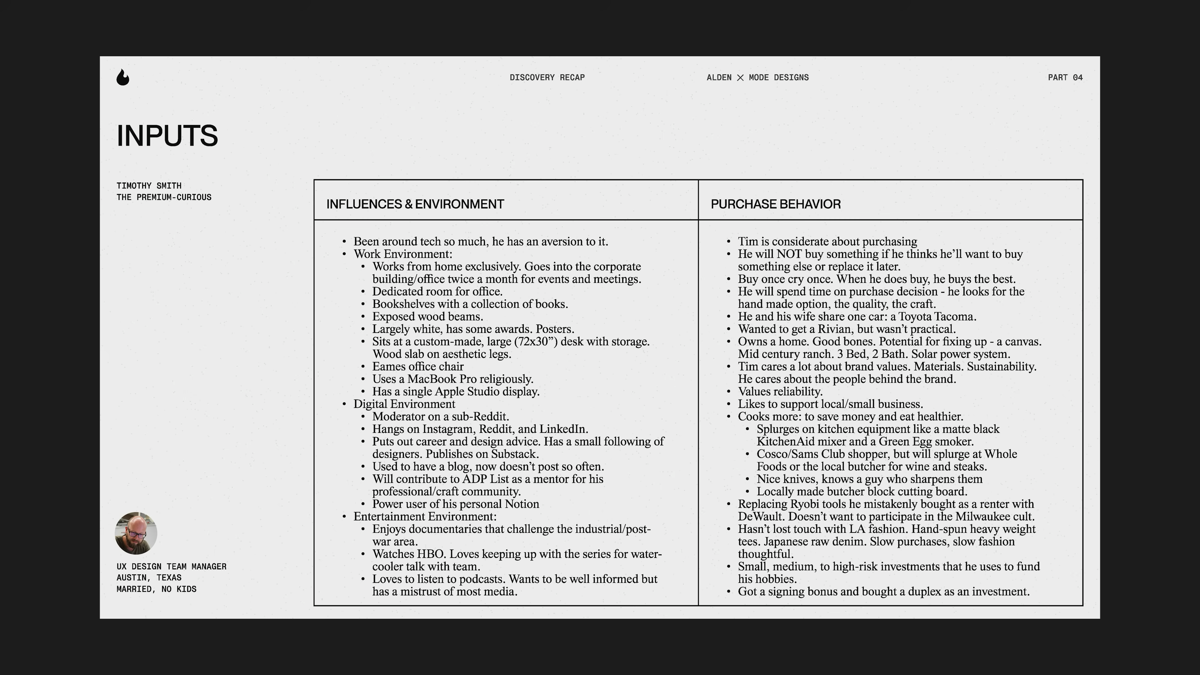 Persona research chart showing influences, environment, and purchase behavior for Tim, a target customer in Mode’s rebrand project featured in Matthew Encina’s branding video.