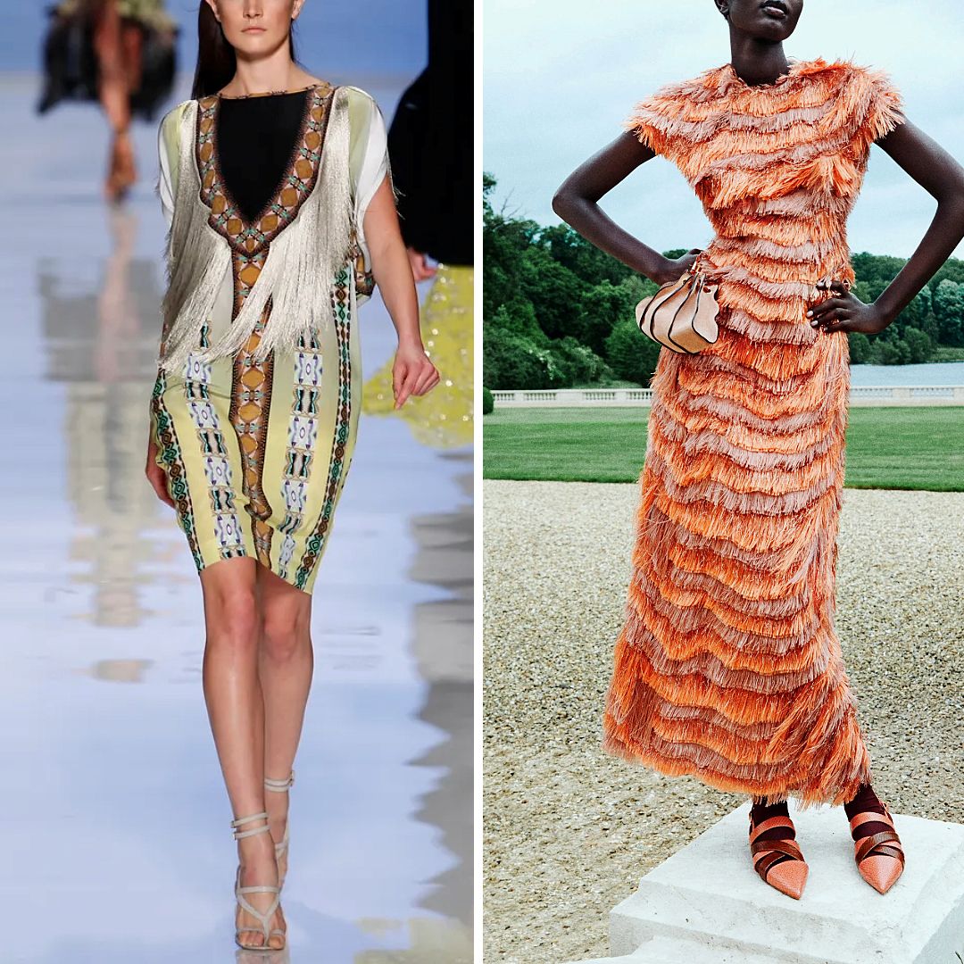 Collage of two runway looks: left, Etro Spring 2012 dress with geometric print and long white fringe draped from the neckline; right, Ulla Johnson Resort 2026 sleeveless orange jacquard dress with layered uneven fringe creating shimmering movement.