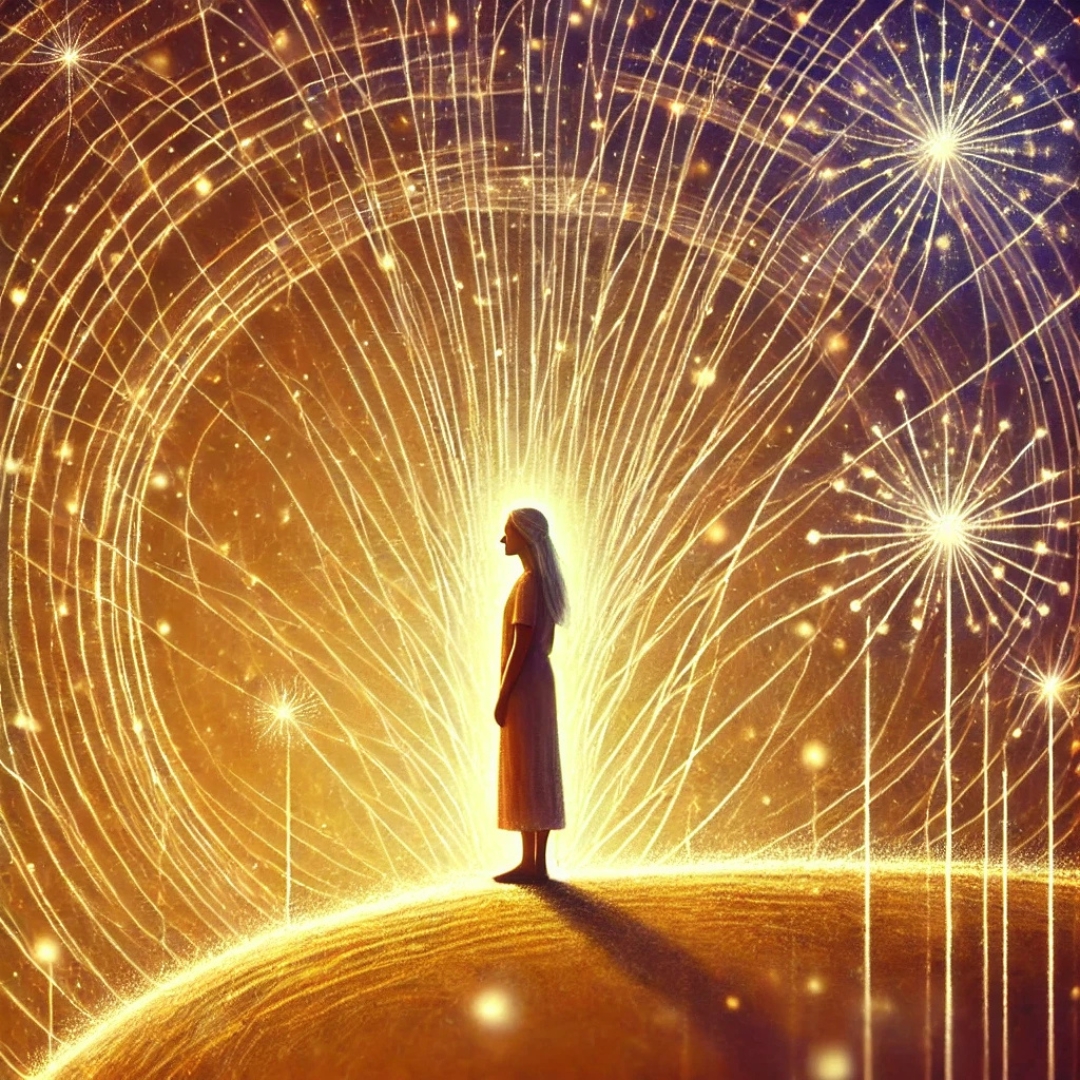 Femme debout face à un réseau lumineux dont les fils se dénouent doucement, symbolisant la libération des mémoires familiales