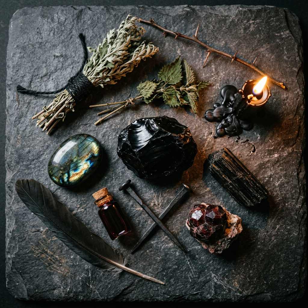 A top-down shot of metaphysical items arranged on a square, dark grey slate slab. At the center is a large, shiny chunk of black obsidian, surrounded by a polished labradorite stone, a raw garnet cluster, a piece of black tourmaline, crossed iron nails, a black feather, a tiny glass bottle of dark liquid, dried herbs, a thorny twig, and a single black candle burning with a bright flame.