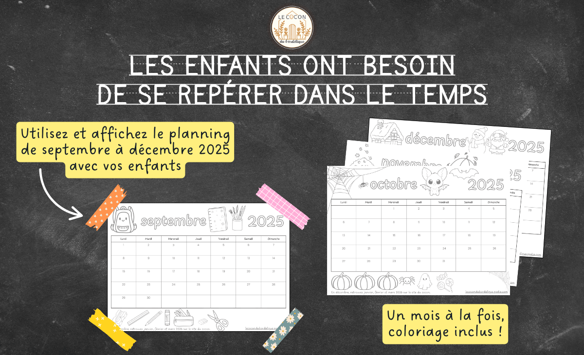 Planning enfant septembre à décembre 2025 à imprimer – Calendrier mural avec coloriages pour aider les enfants à se repérer dans le temps, proposé par Le Cocon du Bordélique.