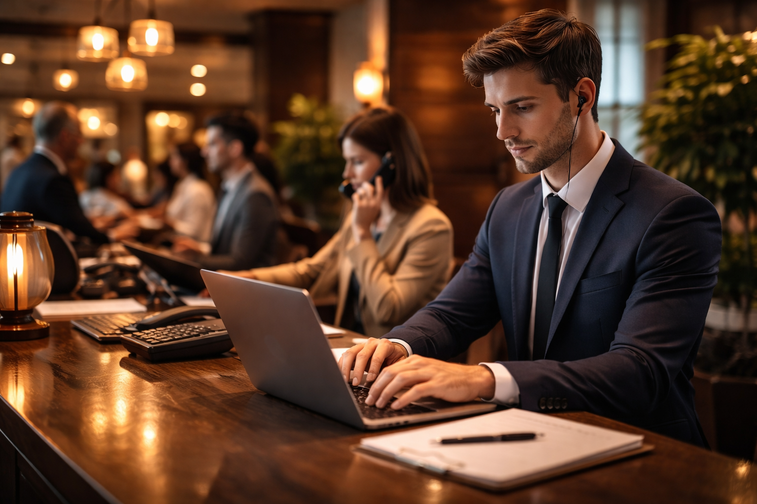 A cinematic, slightly moody photograph of a busy hotel reception or boutique venue during a peak moment. Staff member behind a reception desk looking focused and professional, multiple tasks happening simultaneously. Warm ambient lighting from pendant lights overhead. Guests visible in the background, slightly blurred. Laptop open on the desk. A sense of controlled chaos, lots happening but the team is holding it together.
