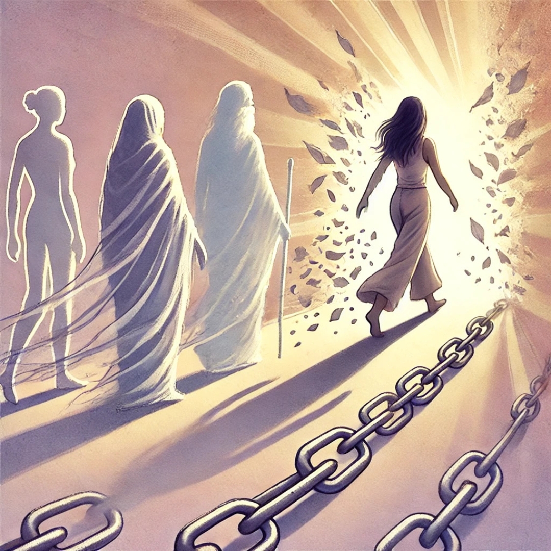 Femme avançant vers la lumière, accompagnée d’ombres familiales symbolisant des blocages amoureux hérités de sa lignée, dans une ambiance douce et libératrice