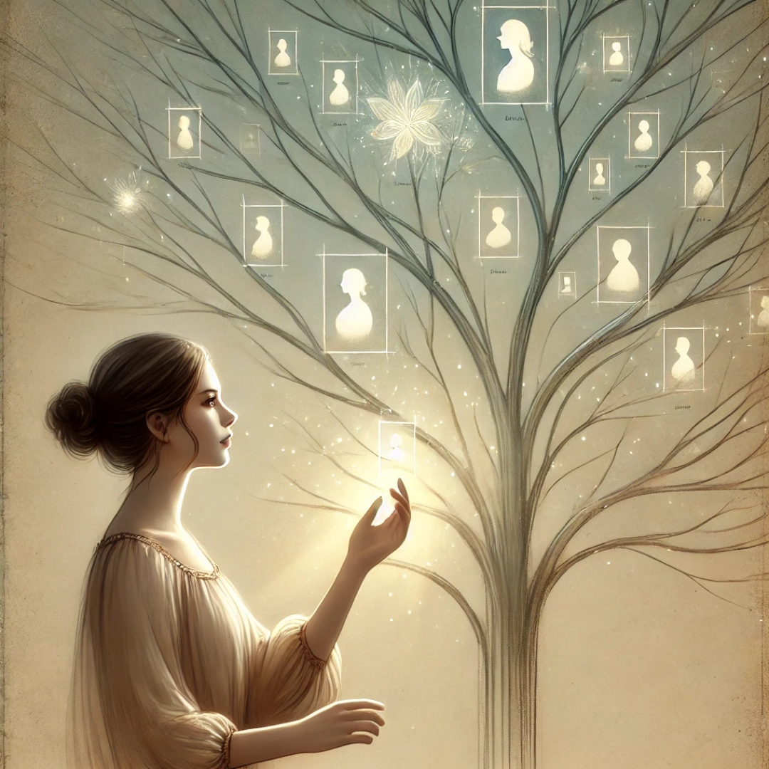 Illustration symbolique d’une femme observant un arbre généalogique flottant, représentant la recherche des indices transgénérationnels liés au syndrome du gisant