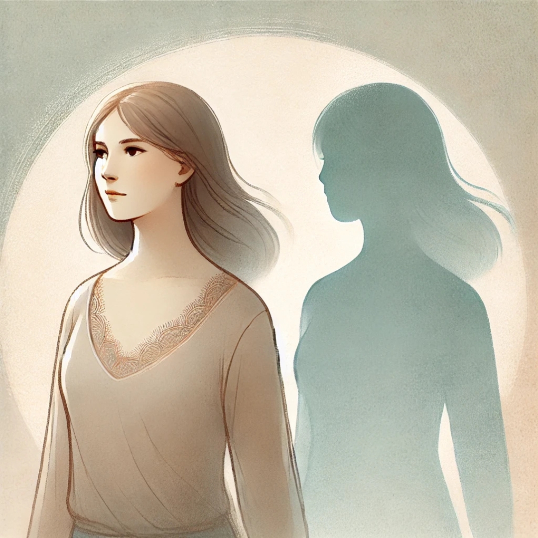 Illustration symbolique d’une femme accompagnée d’une silhouette translucide, représentant une double identité liée au syndrome du gisant et à la mémoire transgénérationnelle