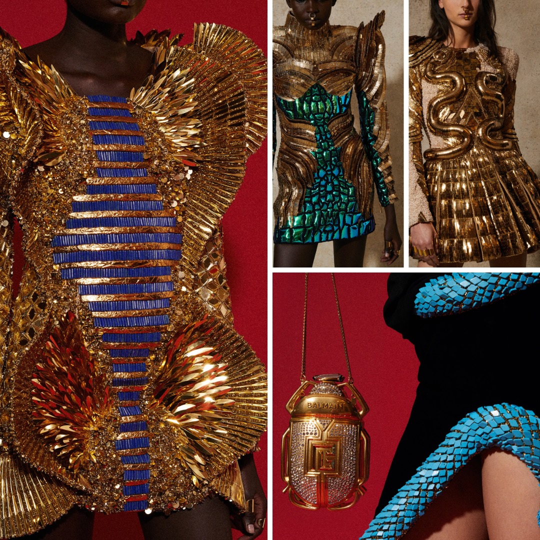 Collage of Balmain Resort 2023 looks by Olivier Rousteing, showing gold and turquoise mini dresses with intricate beading, mirror-like embellishment, sculpted metallic panels, and a scarab-shaped gold bag.