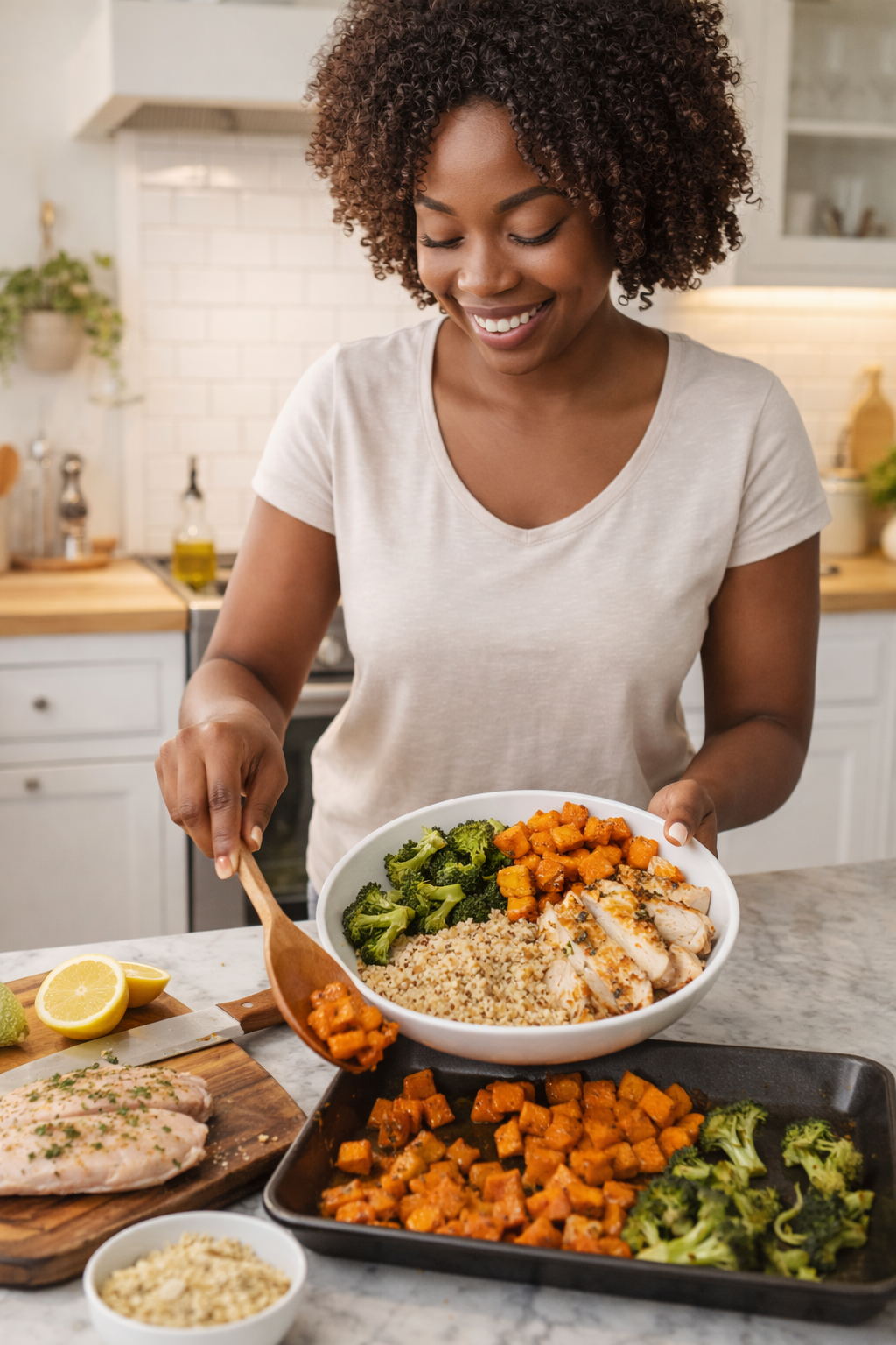 Balanced anti-inflammatory chicken and vegetable bowl with quinoa, roasted broccoli, and sweet potatoes designed to support natural pain relief and blood sugar balance.