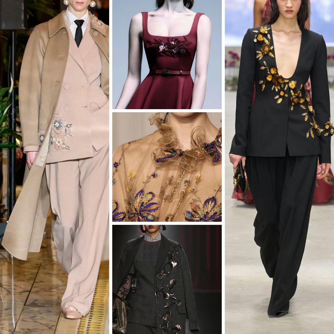 Runway looks showing couture floral embroidery from Fall/Winter 2025, including beaded and sequinned compositions on coats, dresses, and suiting