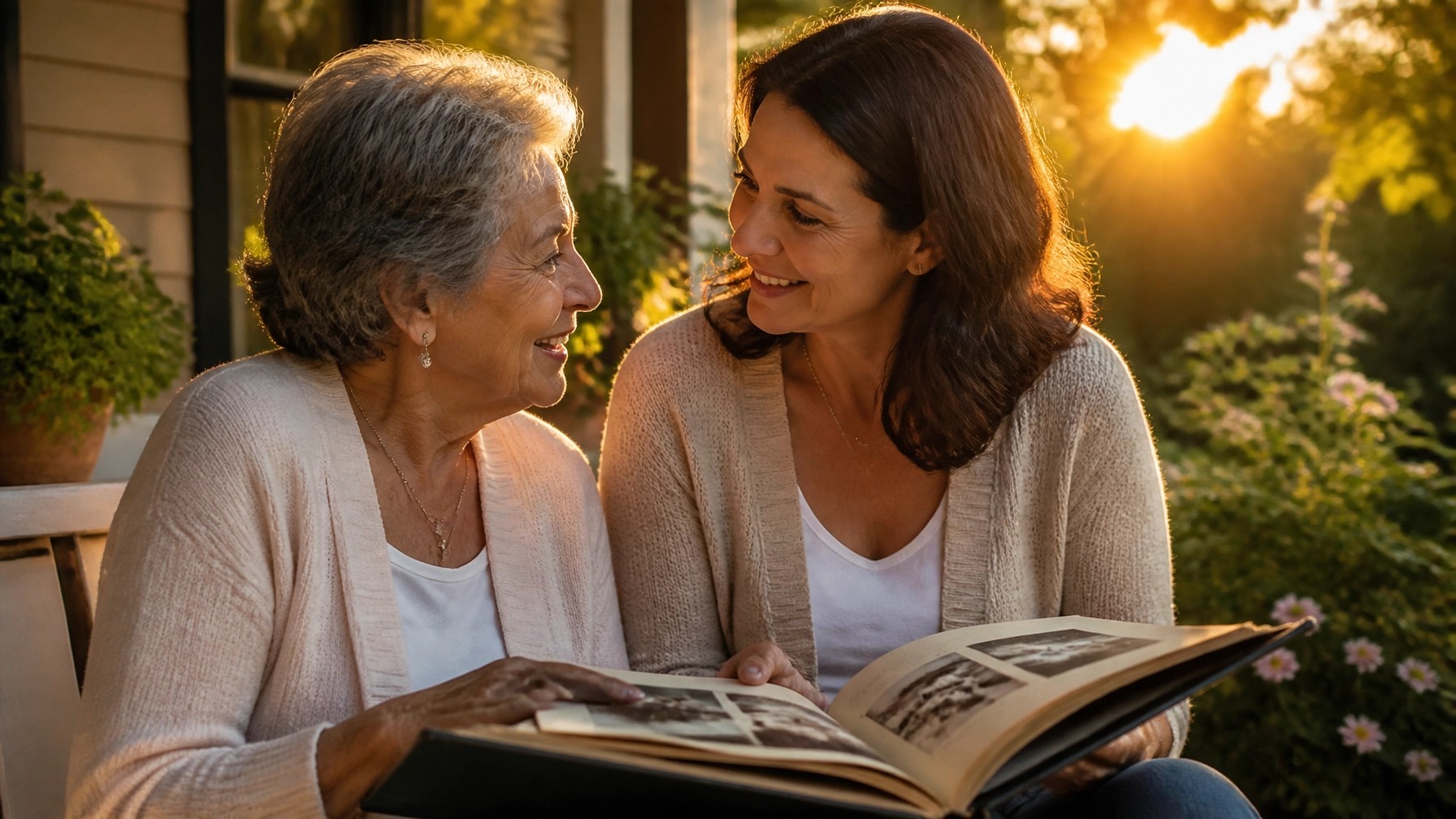 Grandmother and adult daughter sharing a warm, heart-centered moment together, reflecting intergenerational support and encouragement