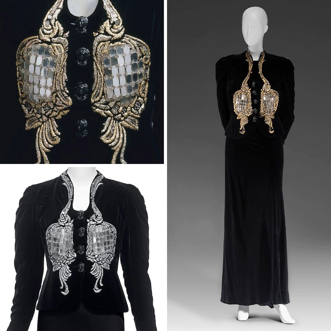 Black silk velvet evening jacket by Elsa Schiaparelli, Autumn/Winter 1938–39, with mirrored panels framed in gold and silver embroidery, known as the Hall of Mirrors jacket, part of the Zodiac collection.