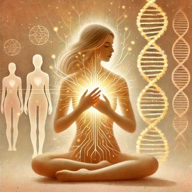 illustration symbolique d’une femme recevant un soin énergétique, les mains sur le cœur, entourée d’ADN lumineux, représentant la reprogrammation cellulaire et la libération des mémoires transgénérationnelles
