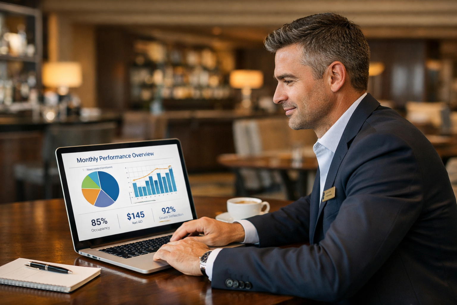 A hotel sales manager or GM sitting at a laptop in a well-dressed hotel environment, looking at a clean presentation on screen. 