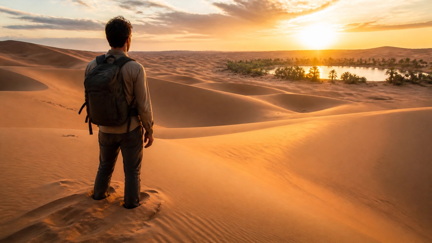 A person standing at the edge of a golden desert at sunset, looking toward a lush oasis.