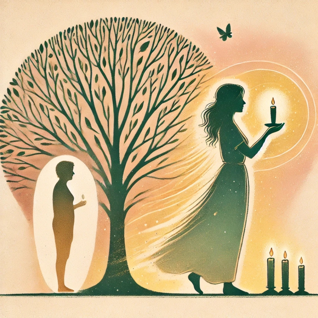 Illustration symbolique d’une femme rendant hommage à un frère disparu par une bougie, et se tenant elle-même dans la lumière, représentant le témoignage de Julie l’enfant de l’après