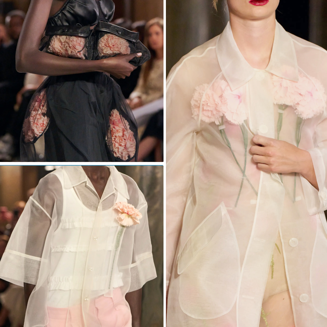Simone Rocha Spring 2025 Ready-to-Wear looks featuring sculptural carnation details on sheer shirts and dresses.
