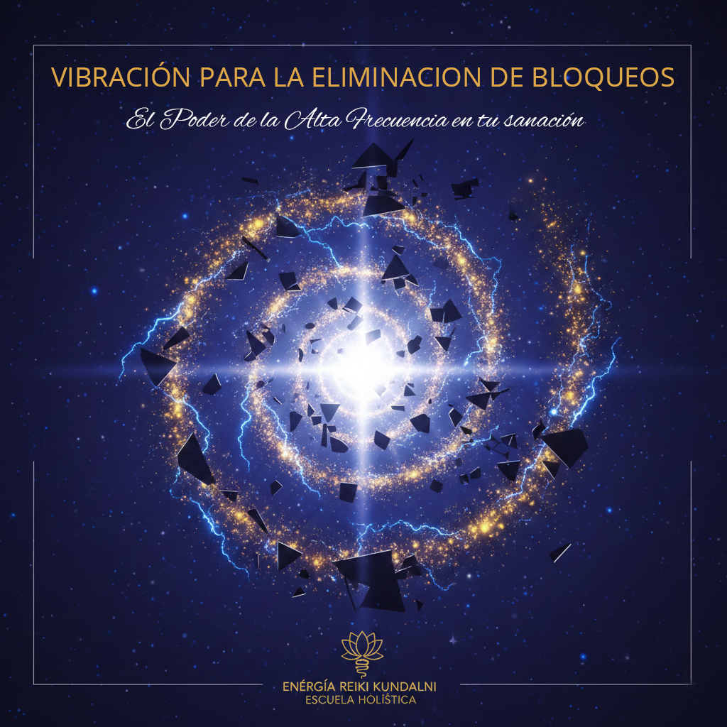 Imagen espiritual de alta frecuencia mostrando una explosión de luz central que desintegra bloques oscuros en un espiral de energía dorada y azul, representando la eliminación de bloqueos energéticos de la Escuela Holística Energía Reiki Kundalini.