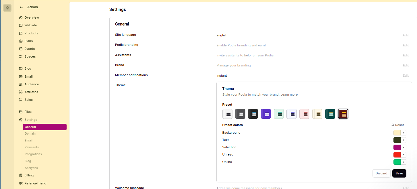 Sitewide Theme Change in Podia