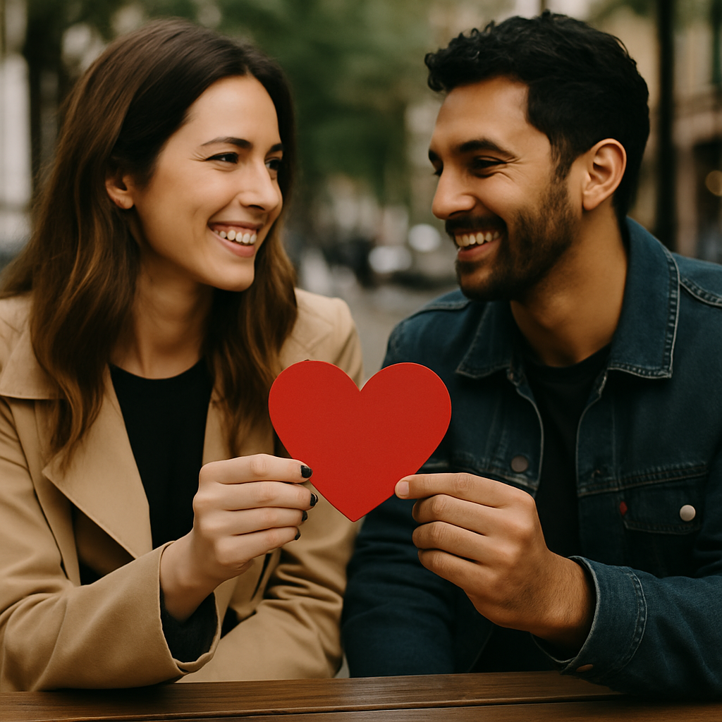 Couple smiling, holding a red heart. 