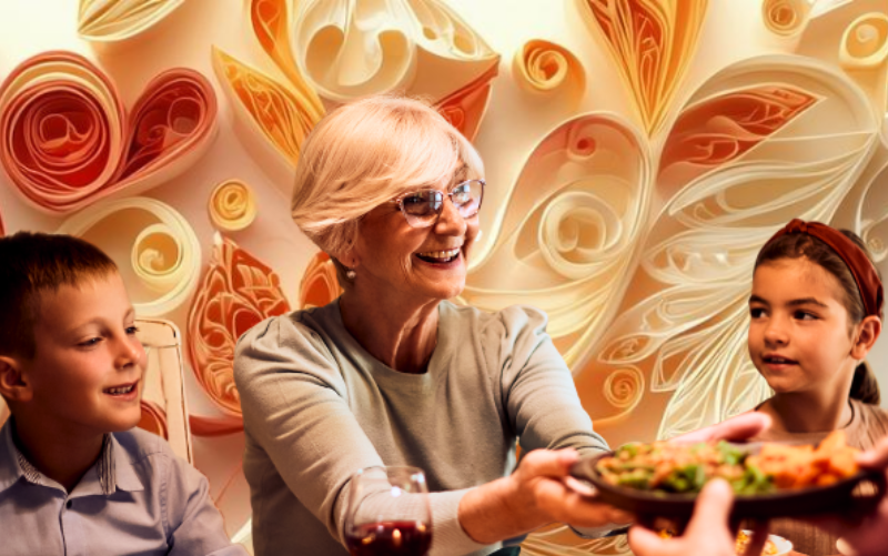 Grandmother passes a dish at holiday meal while telling a story to grandson and granddaughter. Background in the style of paper quilling