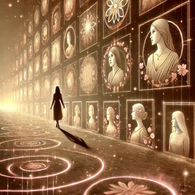 femme marchant devant des portraits anciens symbolisant les schémas amoureux transmis dans la lignée