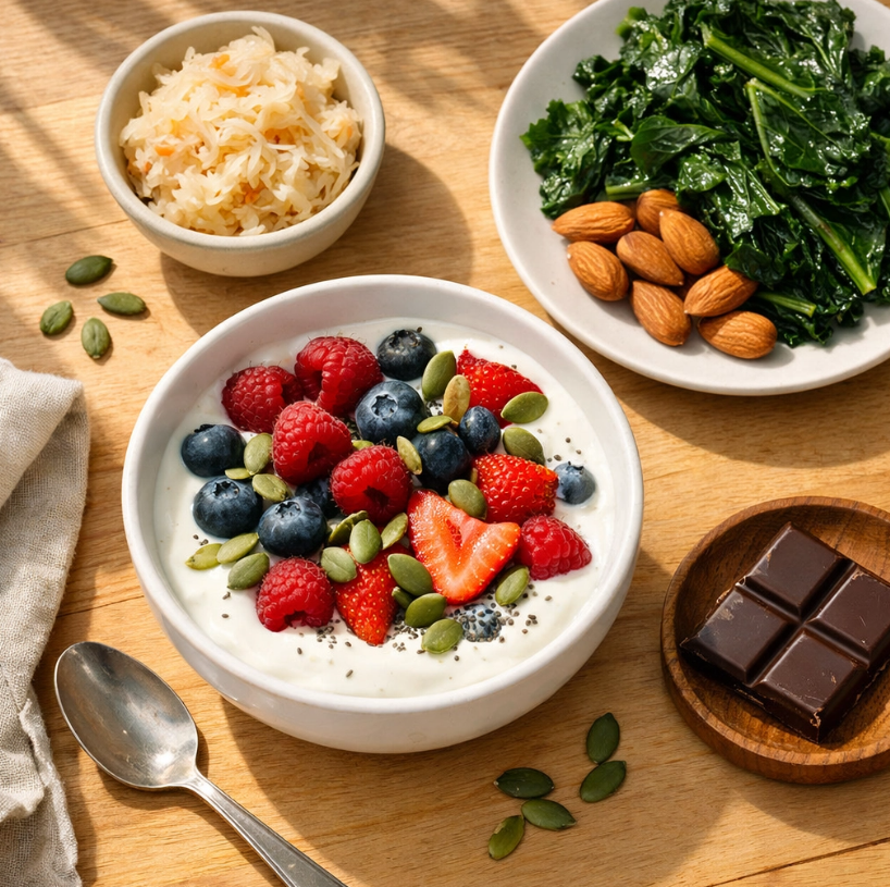 Gut-supportive breakfast with kefir, fermented foods, and magnesium-rich ingredients