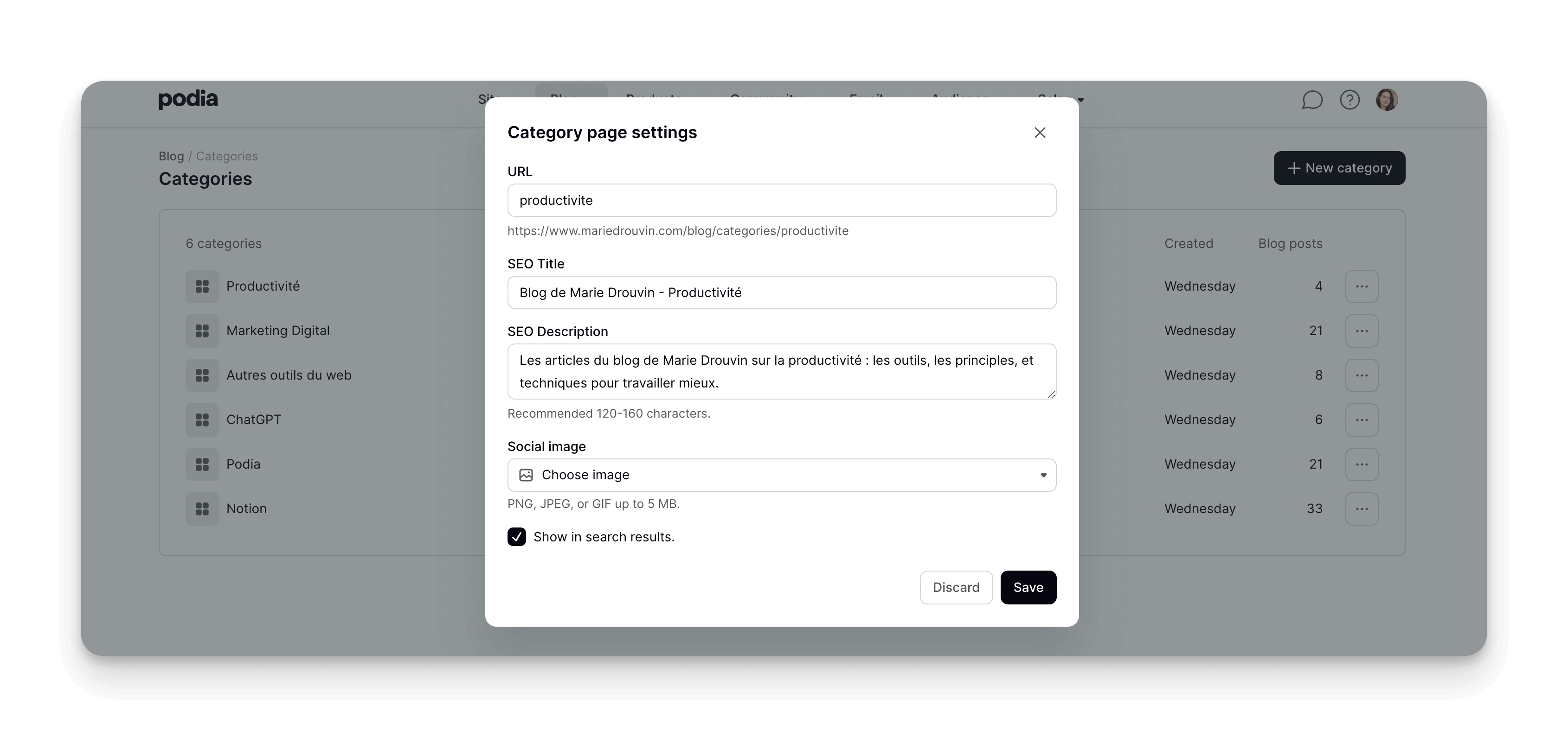 Modifier les paramètres des catégories de blog sur Podia