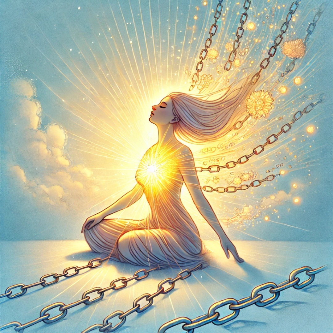 Illustration poétique d’une femme en posture de guérison, libérant des chaînes ancestrales par un soin alchimique énergétique