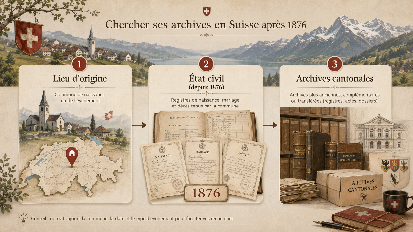 Schéma des trois portes d’entrée pour chercher des archives en Suisse avec lieu d’origine, état civil et archives cantonales