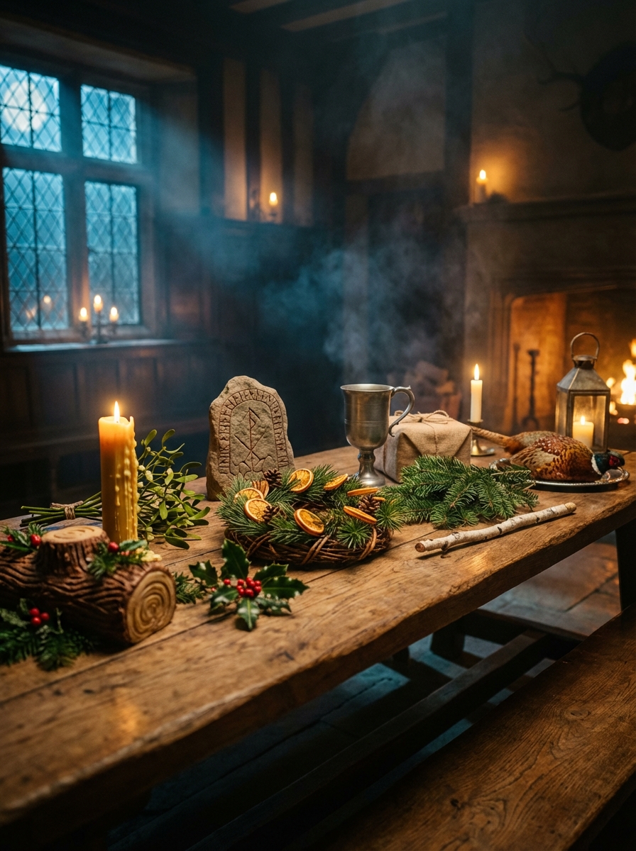 A rustic wooden table is set for a Yule celebration inside a dimly lit medieval-style hall. Evergreen boughs, holly, dried orange slices, and a small wreath decorate the table alongside a carved stone with a runic symbol, a lit beeswax candle, a silver chalice, wrapped gifts, and a roasted pheasant on a platter. A Yule log adorned with greenery sits in the foreground. Soft smoke drifts through the warm glow of candlelight and a crackling fireplace, creating a cozy winter atmosphere.