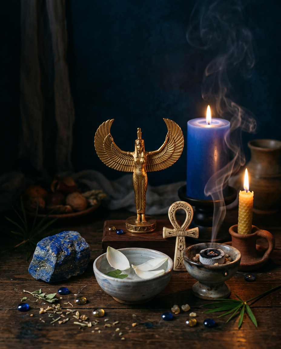 A rich, moody still-life photograph of a spiritual altar on a dark wooden table. In the center stands a small golden statue of the goddess Isis with her wings curved upward. In front of her sits a small ceramic bowl containing clear water and floating white lotus petals, a carved bone or stone Ankh, and a small metal chalice burning a charcoal disc with rising smoke. To the left is a large, rough piece of raw blue lapis lazuli stone speckled with gold pyrite. The scene is illuminated by two burning candles: a tall, thick blue pillar candle and a smaller, textured yellow beeswax candle. The background is a deep, textured blue, accented by scattered glass gems and loose botanical bits.