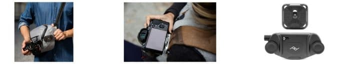 A gray camera bag holding a black camera clip and a man holding a black camera.