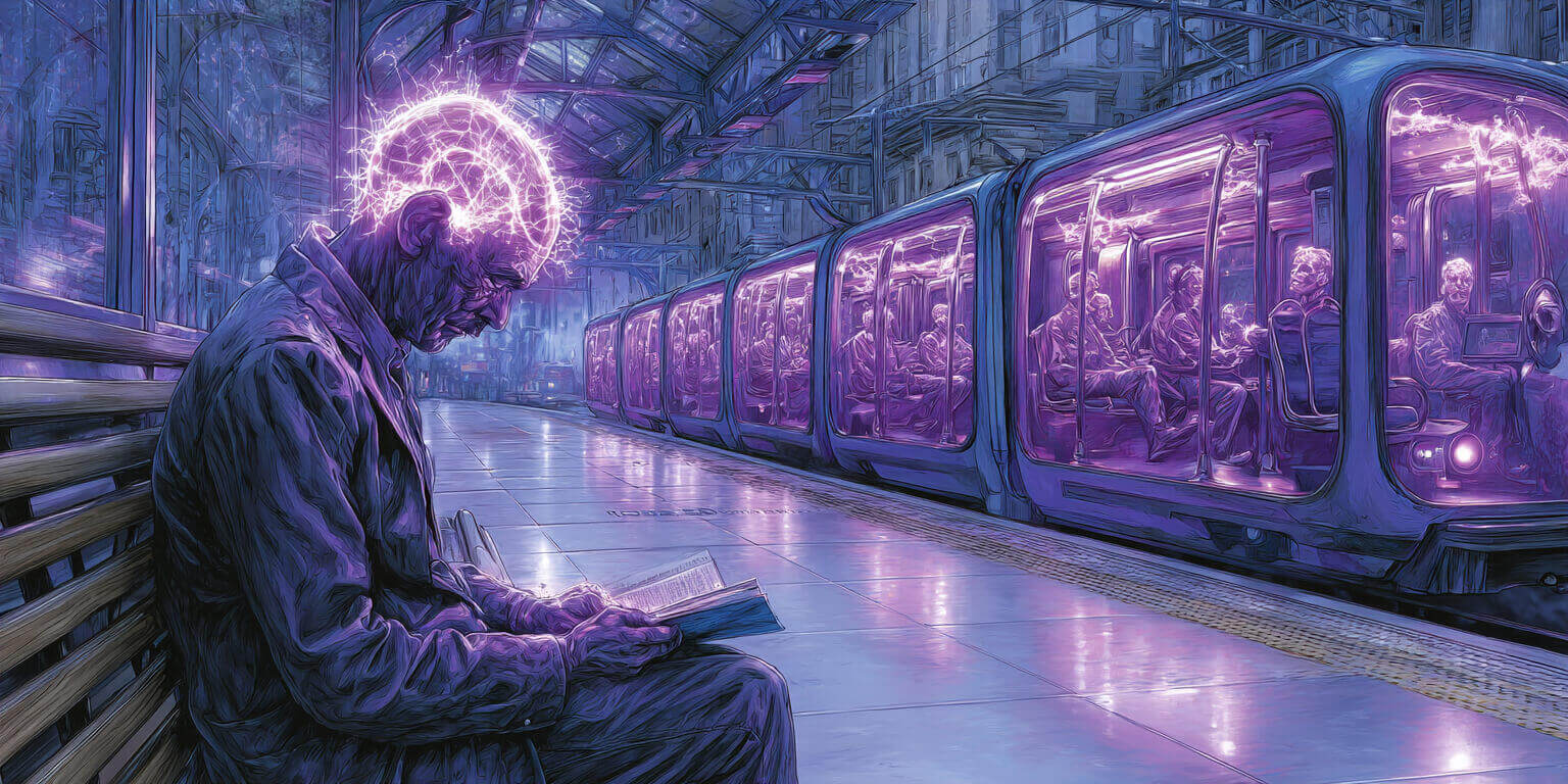 A man alone on a train platform with glowing mental energy, representing anxiety, overthinking loops, and cognitive overload.