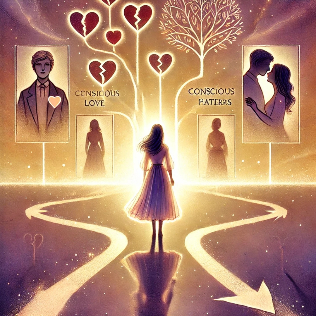 Femme à un carrefour symbolique entre des schémas familiaux passés et un chemin lumineux, représentant la possibilité de dépasser les loyautés inconscientes en amour