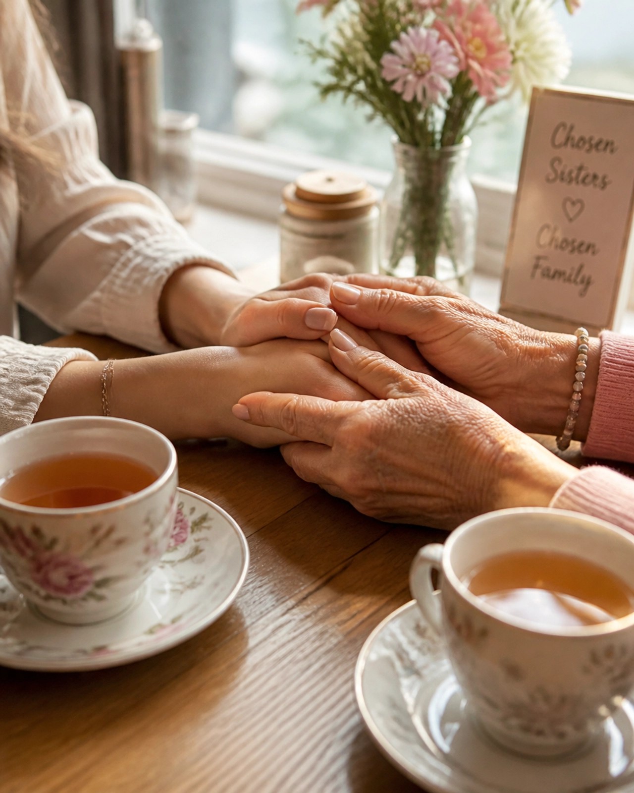 A close-up of an older hand holding a younger hand, representing the legacy of support passed down through generations.
