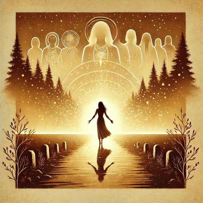 Une femme avance sur un chemin lumineux entouré d’ancêtres bienveillants, symbole de libération transgénérationnelle et de passage vers une nouvelle vie