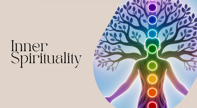 A picture of the shape of a person with each chakra illuminated a different color