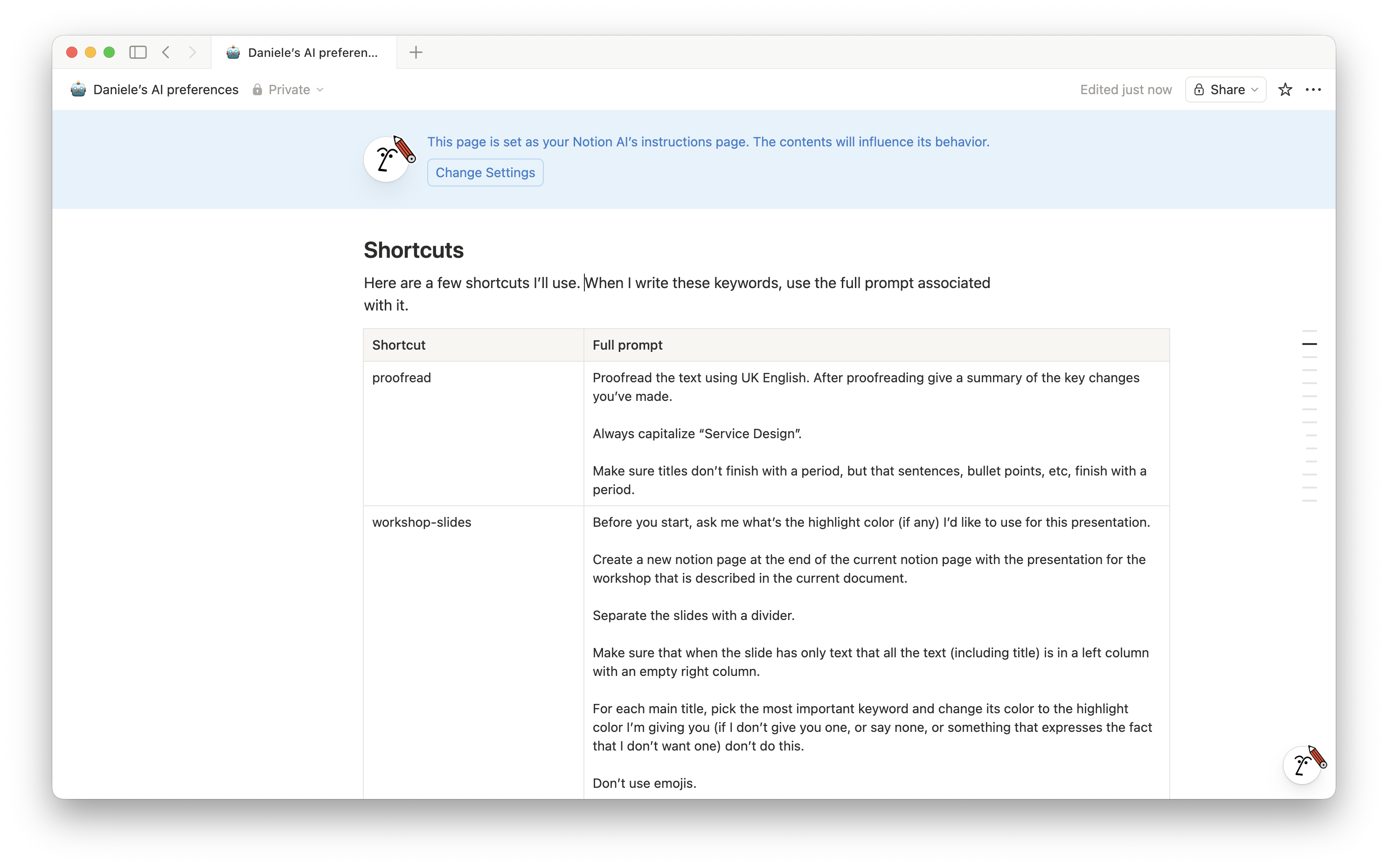 A screenshot showing a Notion AI instructions page with custom made shortcuts that enable me to get a full complex prompt in just a keyword