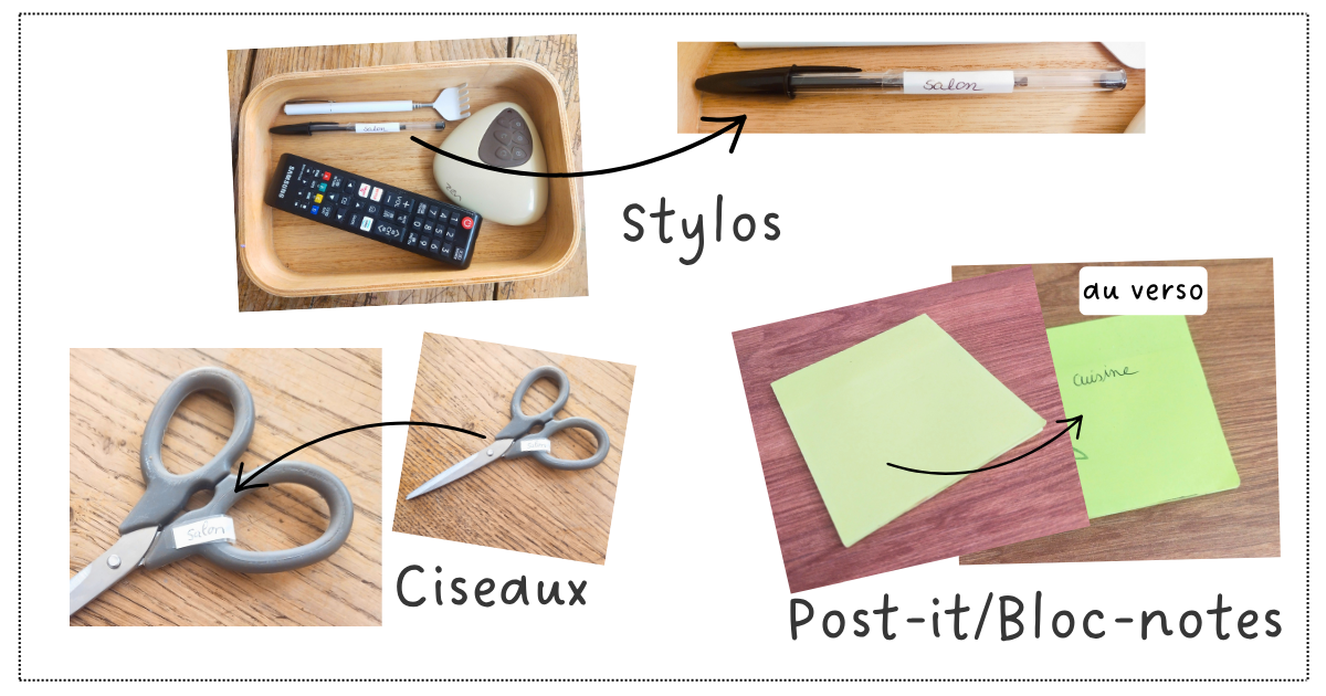 Stylo, post-it, bloc note et ciseaux étiquetés