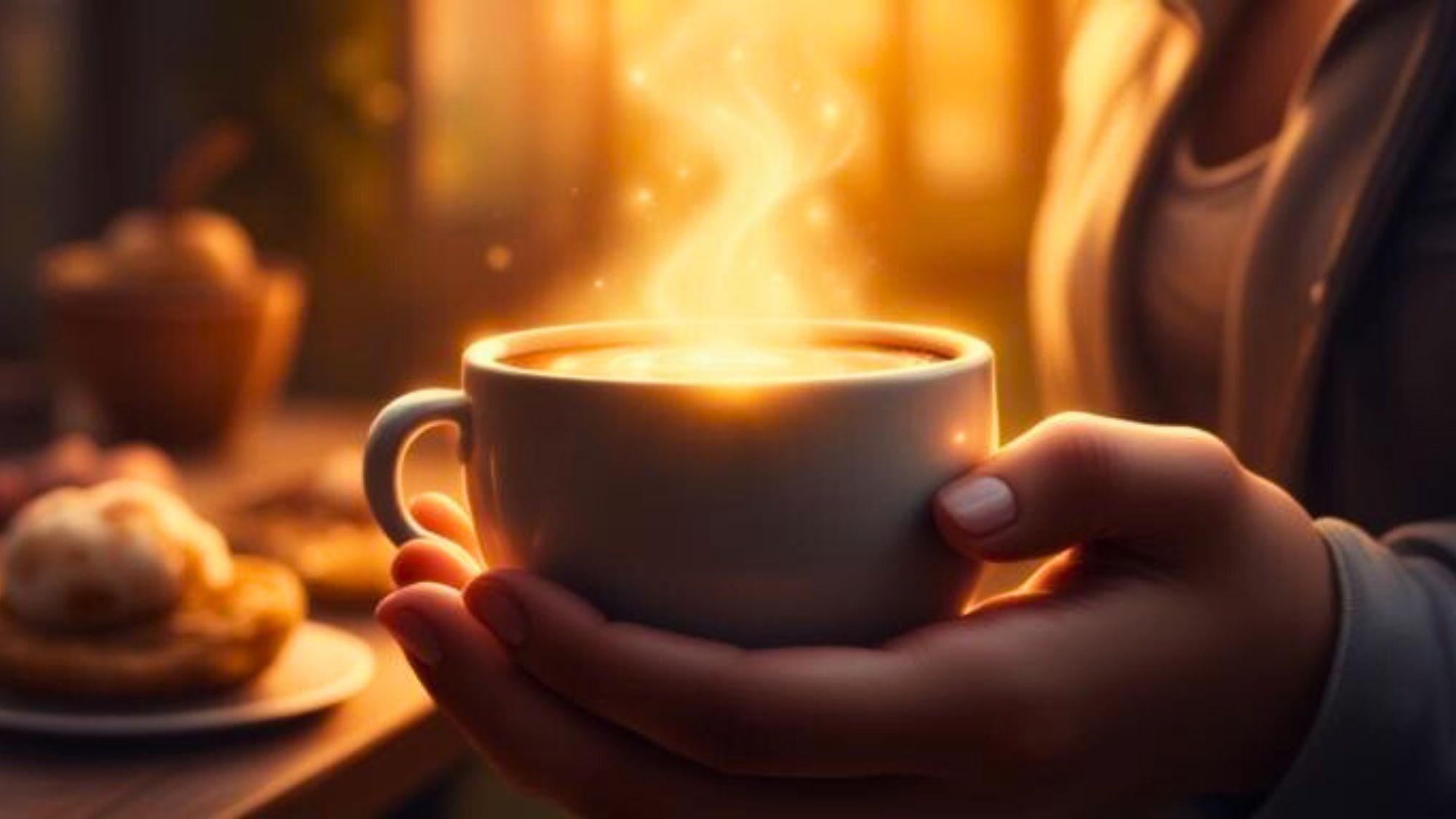 Warm, softly lit image of hands holding a steaming cup of coffee in the morning, with gentle golden light and a calm atmosphere, symbolizing presence, grounding, and the quiet relief that comes when mental overthinking subsides.