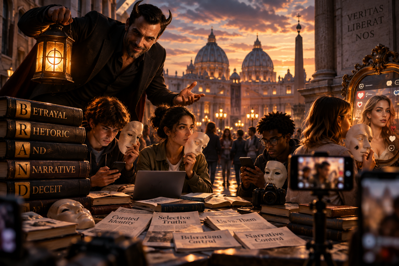 A group of young people masked by a brand of themselves encouraged by The Devil at Work