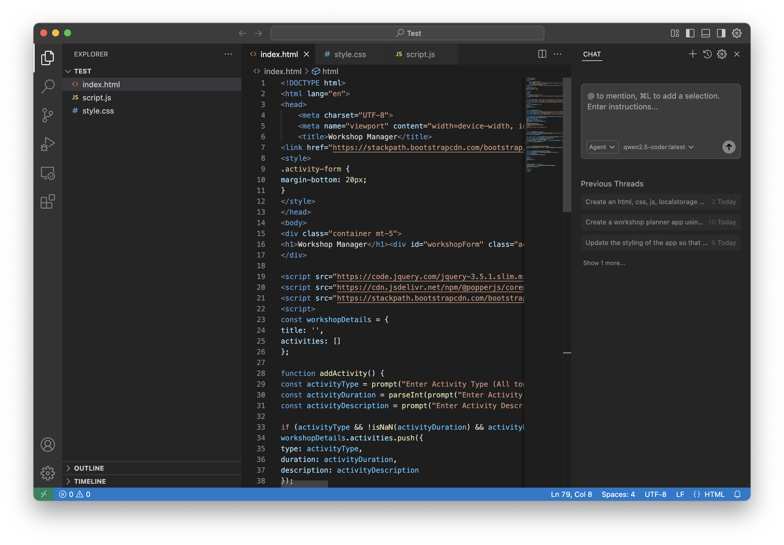 A screenshot of Void with the code window and the chat window