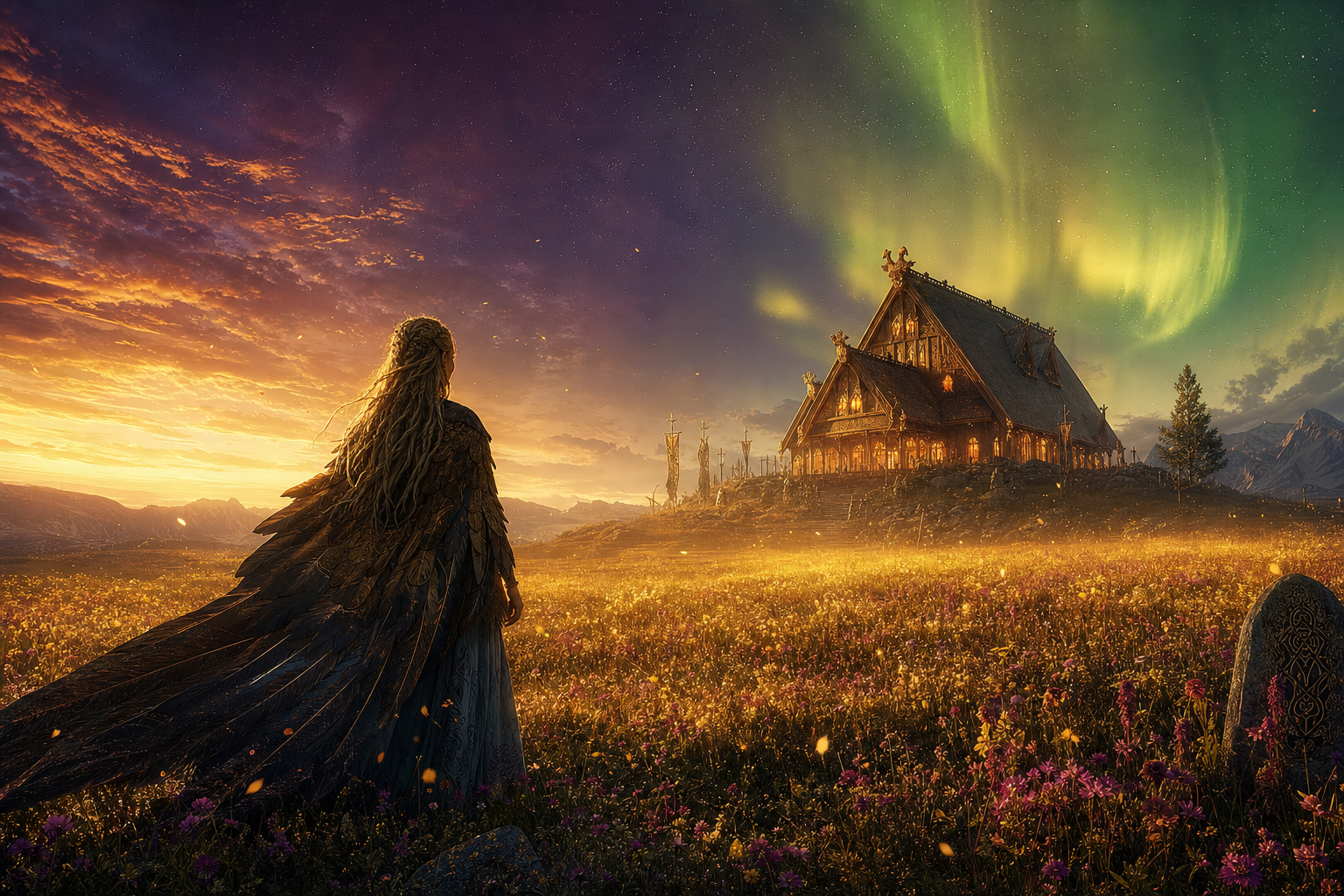 A figure with long braided hair and a dark, textured cape stands in a vast meadow filled with glowing golden wild grass and purple flowers. They look toward a large, glowing wooden Norse longhouse or meadhall situated on a hill. The sky shifts from a vibrant orange sunset on the left to a starry night sky on the right, illuminated by bright green northern lights sweeping over the hall.