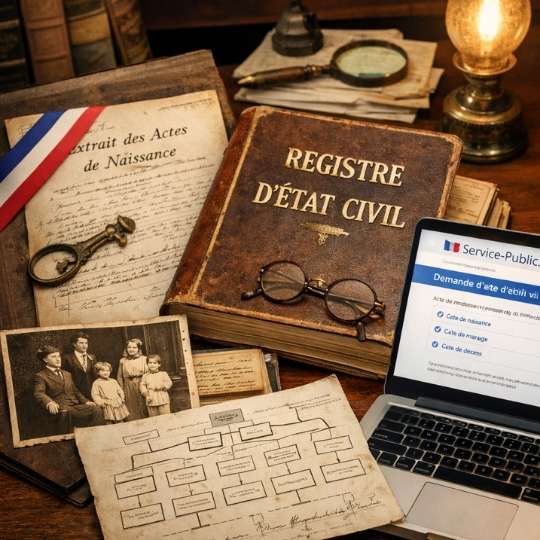 Registre d’état civil français avec acte de naissance et demande en ligne pour retrouver ses ancêtres