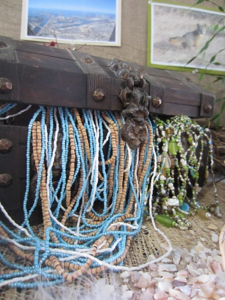 Bead jewelry (available at thrift stores) in a chest like the one the hunters left behind - a LitWits teaching activity from Scott O'Dell's ISLAND OF THE BLUE DOLPHINS