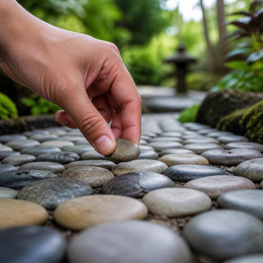 A close-up shot of a hand carefully placing a smooth stone onto a path, symbolizing the first step of a Micro-Pivot.