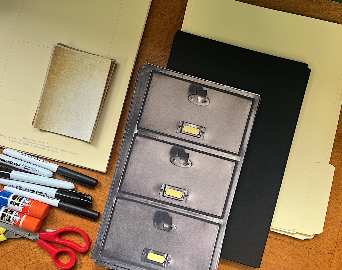 Supplies for the LitWits activity "Find a Mini Mixed-up File" - for teaching From the Mixed-up Files of Mrs. Basil E. Frankweiler by E.L. Konigsburg