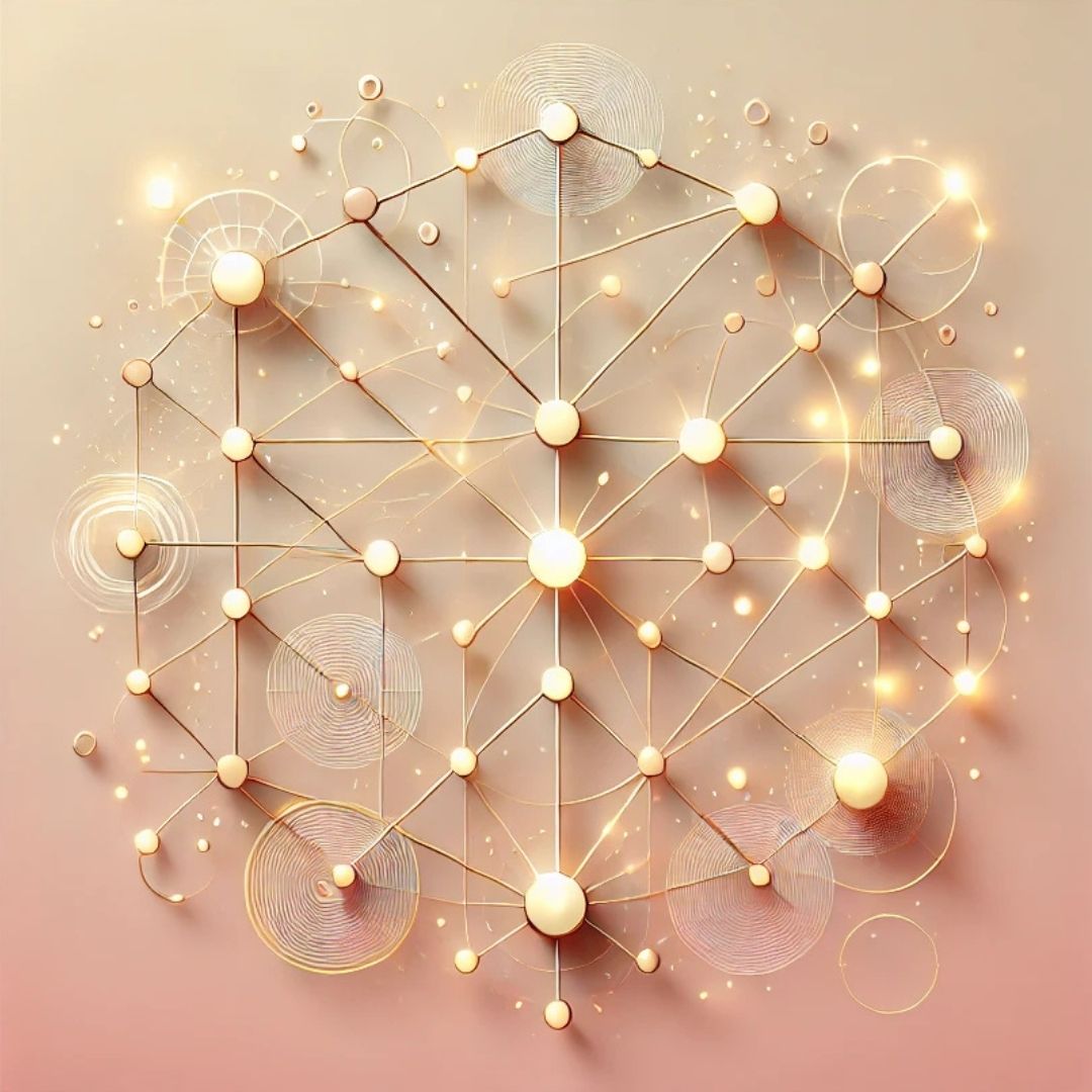 illustration abstraite représentant un système familial lumineux et structuré, symbolisant la pratique de la psychogénéalogie